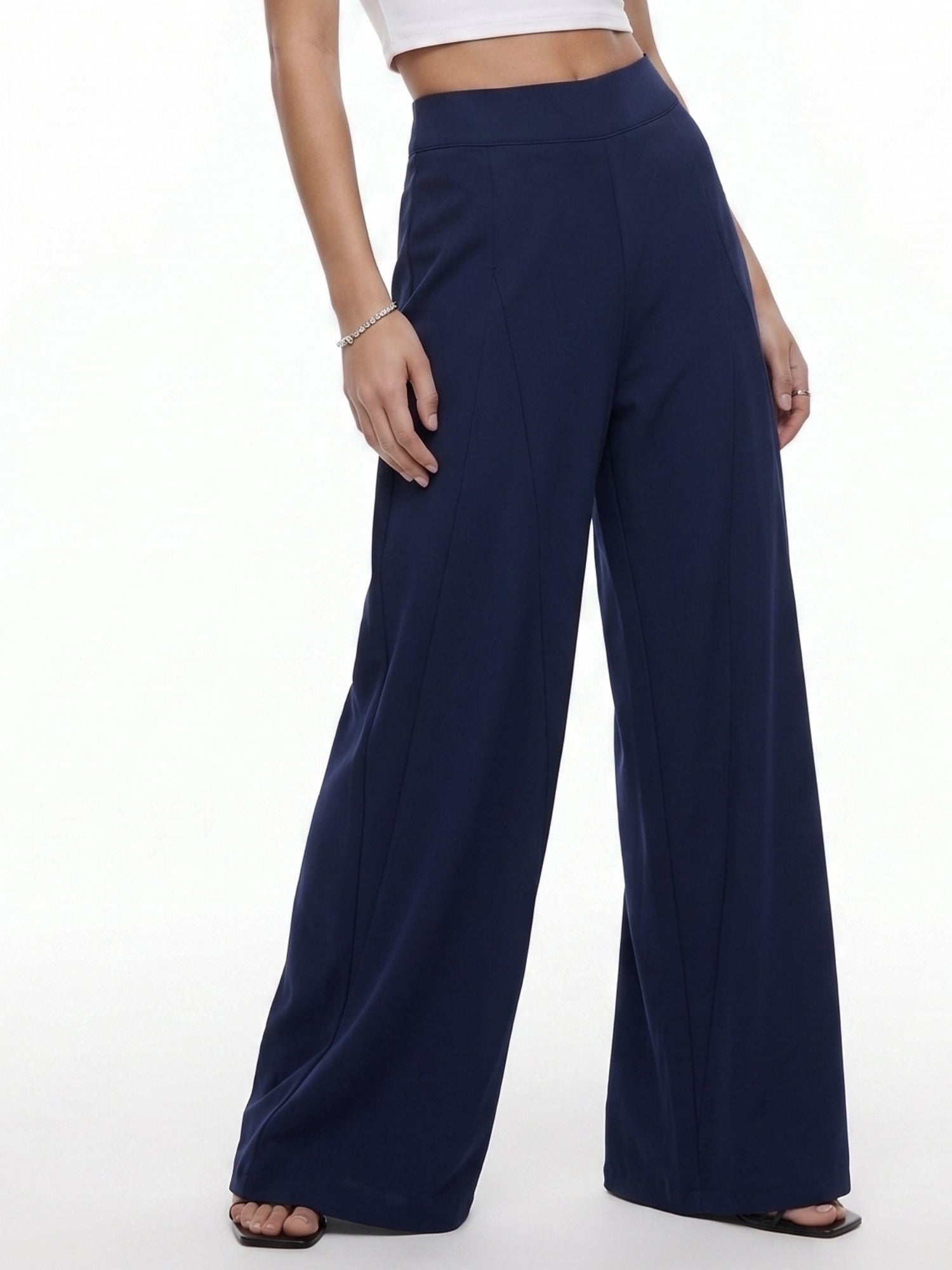 Navy Blue High Waist Pleated Flared Trouser
