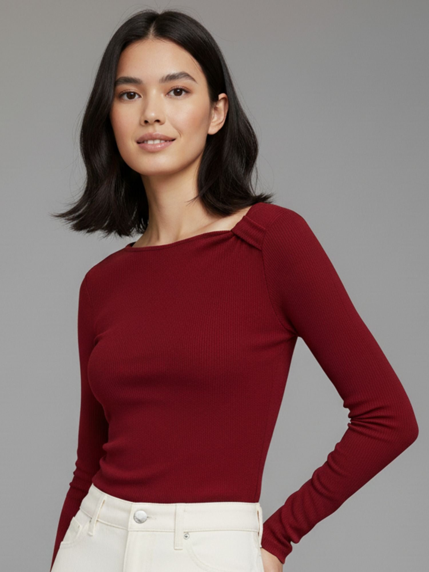 Wine Asymmetric Neckline Solid Top
