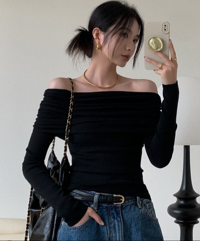 Black Full Sleeve Off Shoulder Twisted Neck Fitted Top