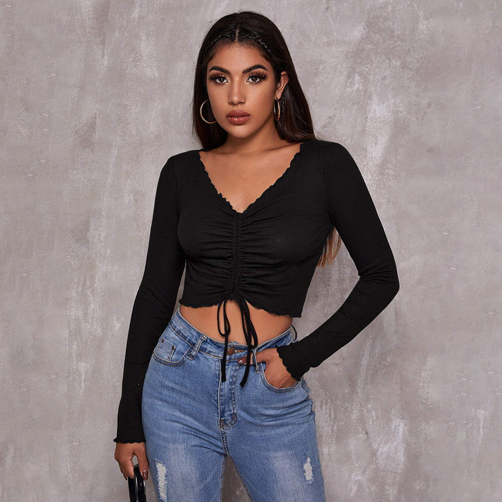 Black Plunge Neck Centre Ruched Top