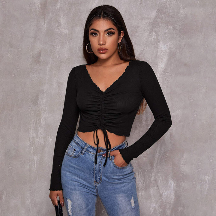 Black Plunge Neck Centre Ruched Top