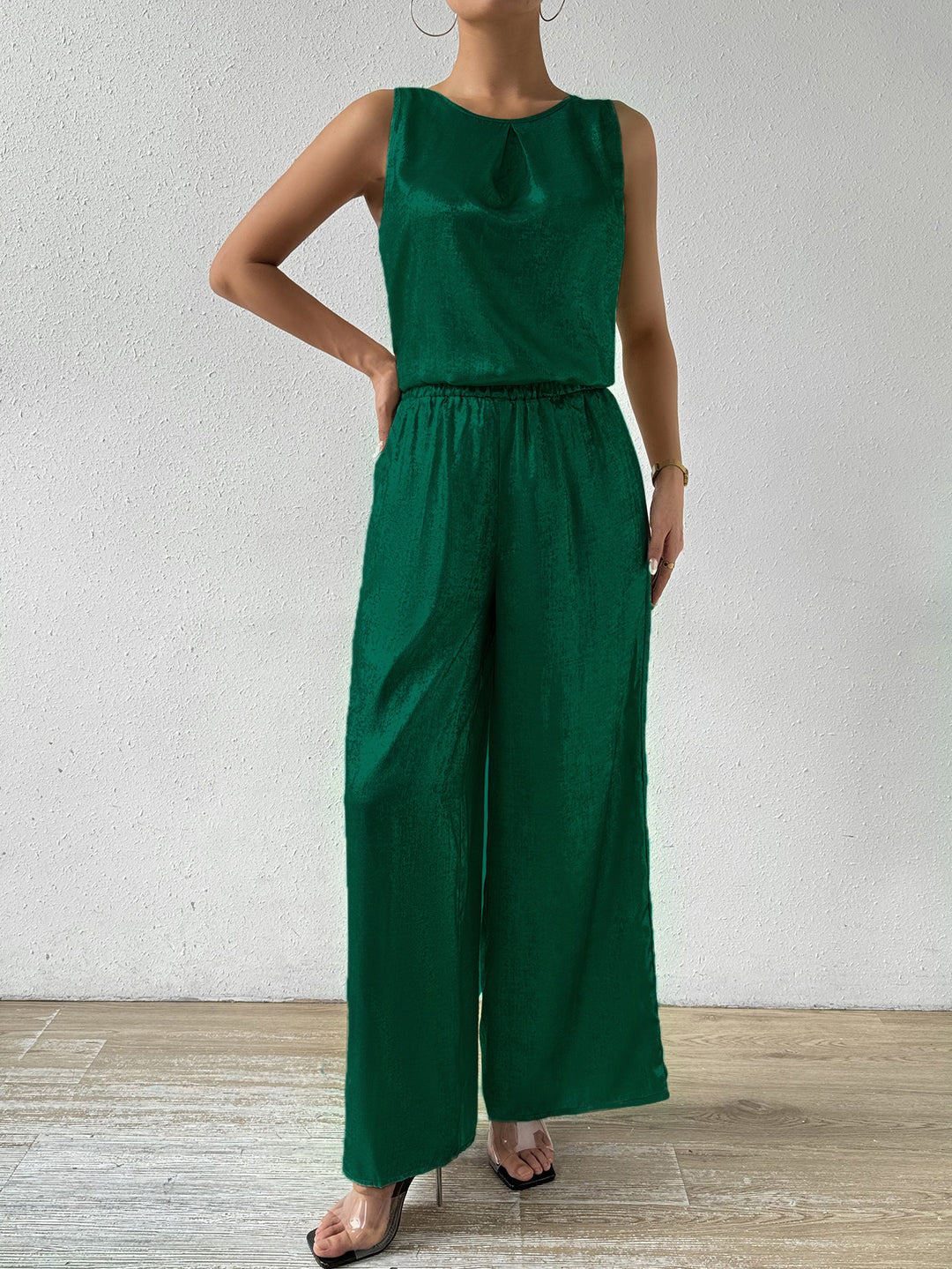 Green Sleeveless Back Cowl Jumpsuit