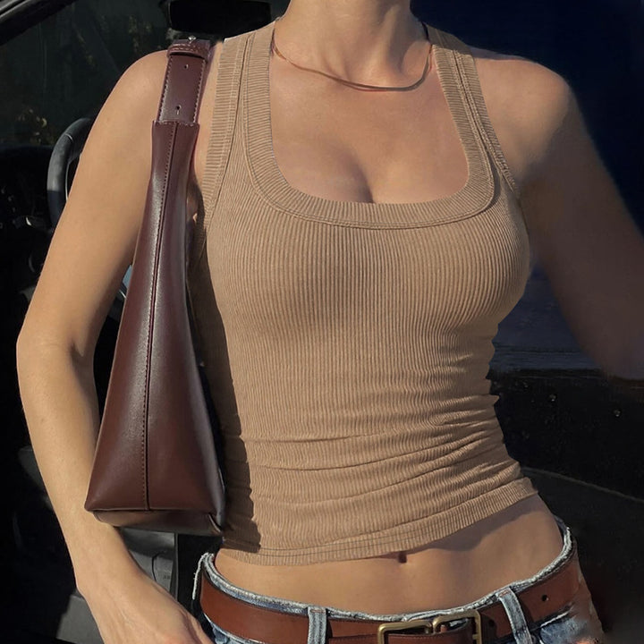 Khaki Ribbed Sleeveless Tank Top