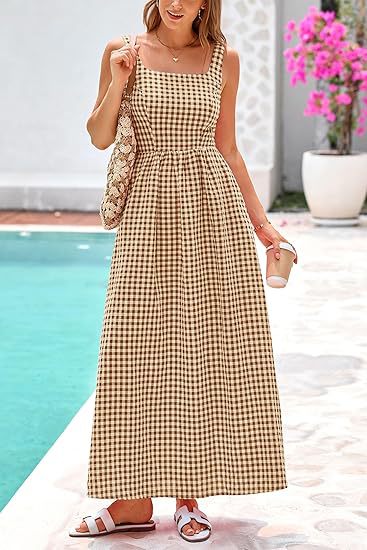 Beige Striped Square Neck Cinched Waist Dress