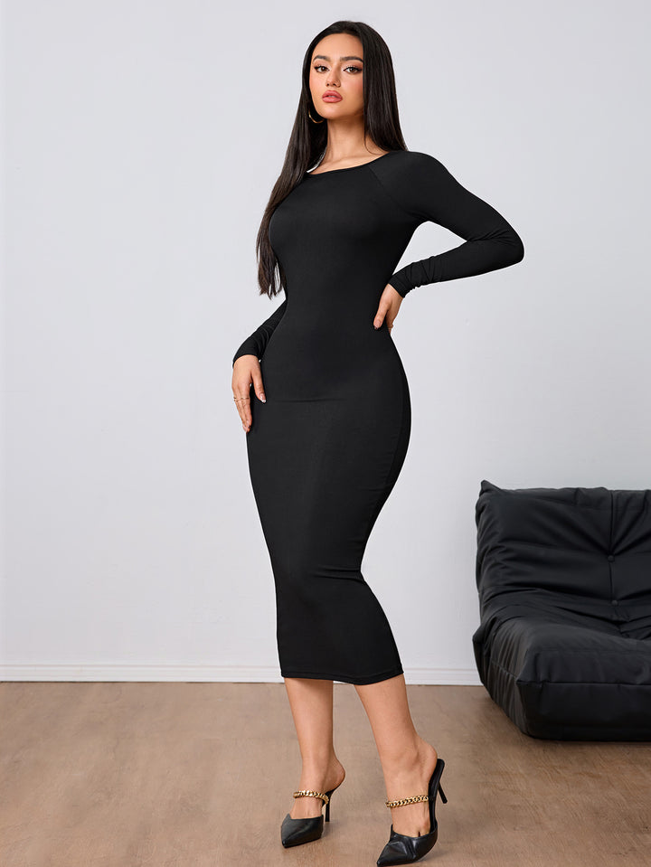 Black Full Sleeve Round Neck Back Detail Dress