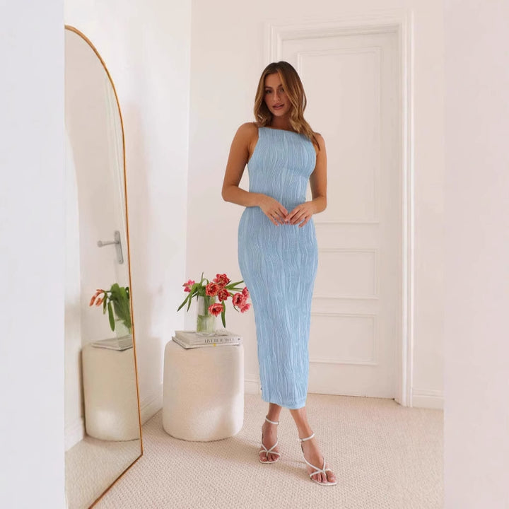 Blue Textured Solid Midi Dress