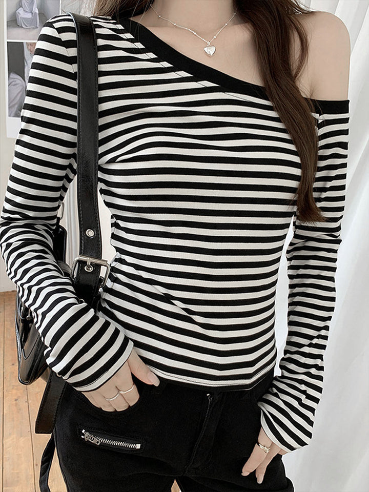 Black One Shoulder Stripe Full Sleeves Top