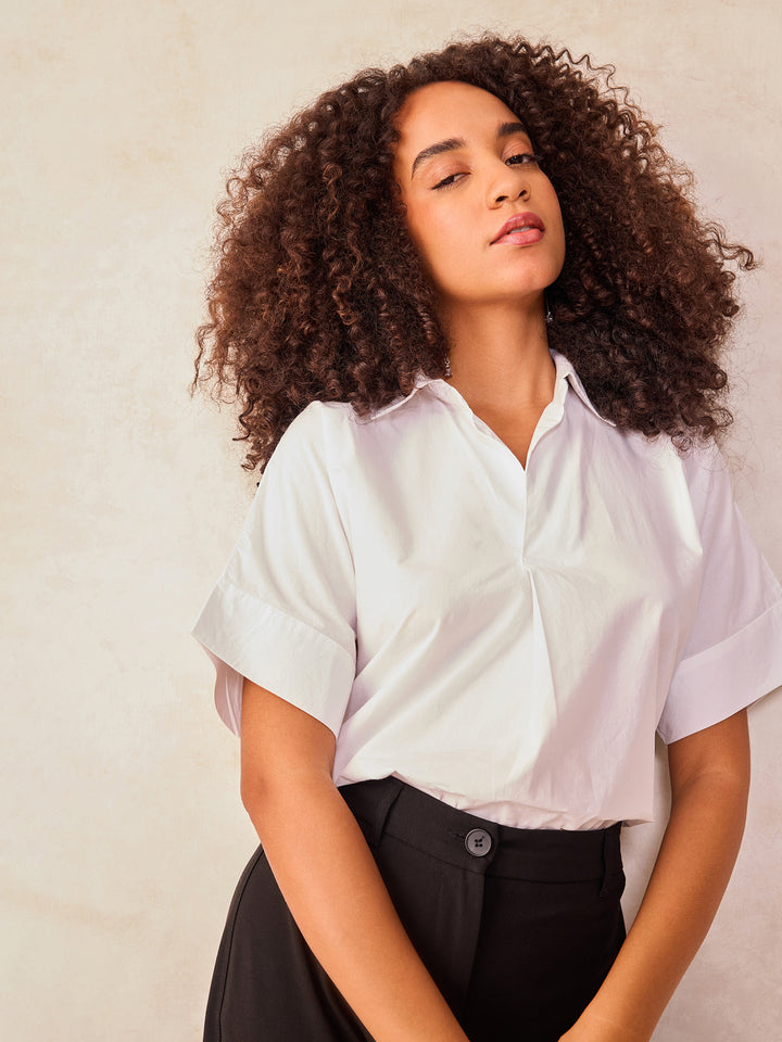White Beige Boxy Shirt With Rolled Short Sleeves