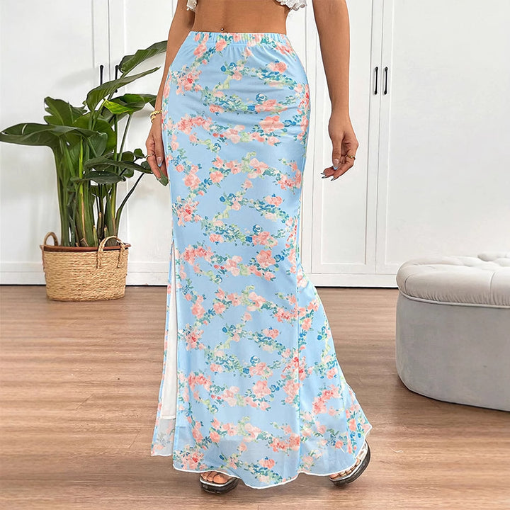 Blue Printed Mesh Fishtail Skirt