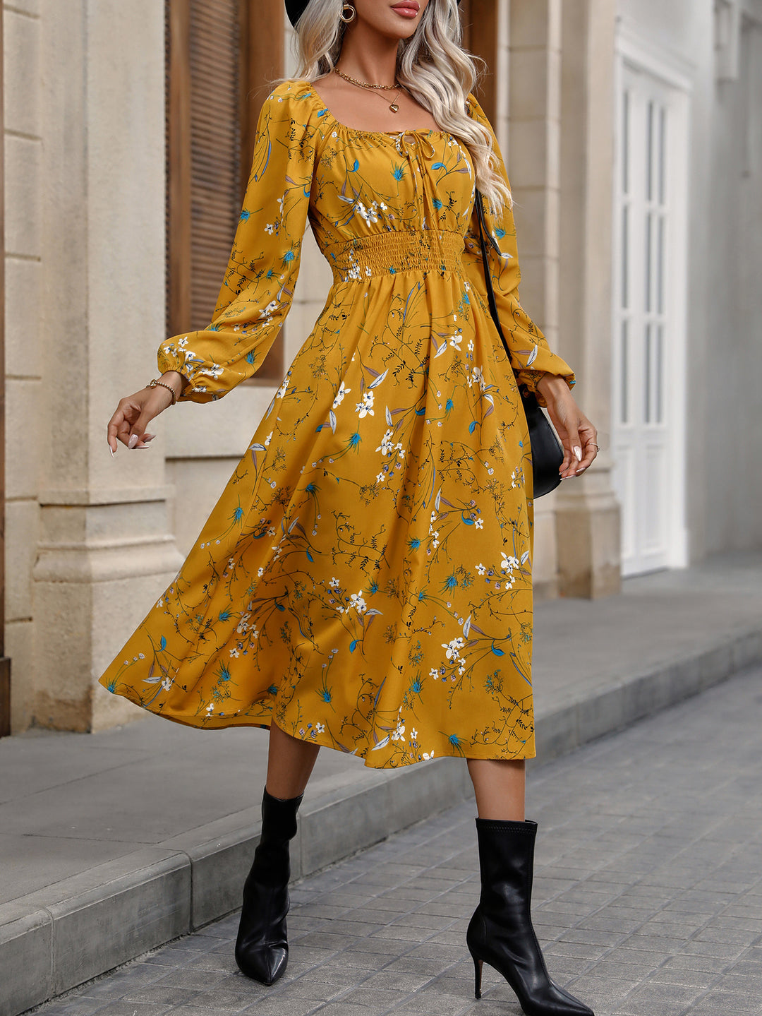 Mustard Bishop Sleeve Waist Elastic Dress