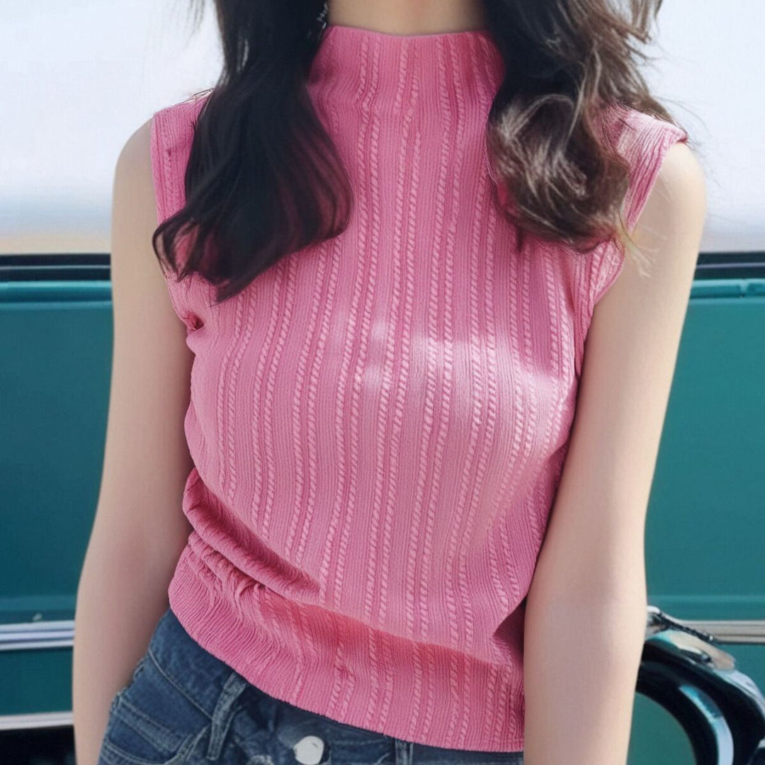 Pink High Neck Textured Tank