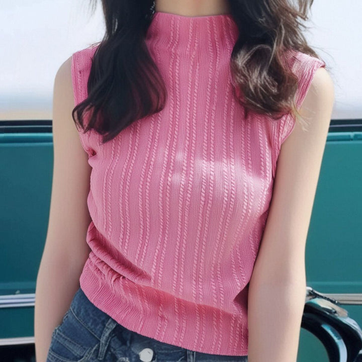 Pink High Neck Textured Tank
