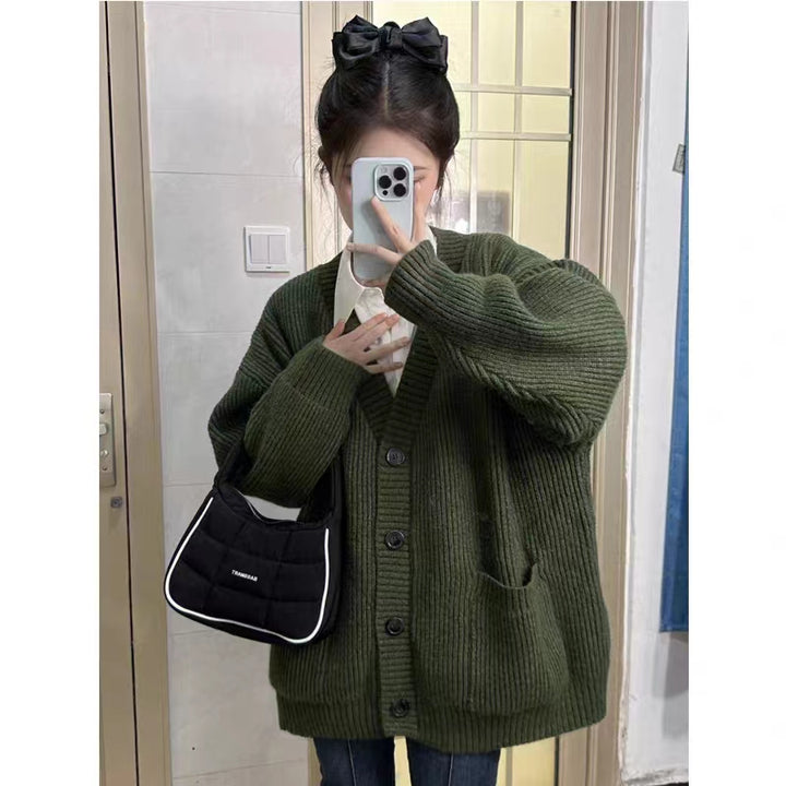 Olive Full Sleeve Double Pockets Slouchy Cardigans