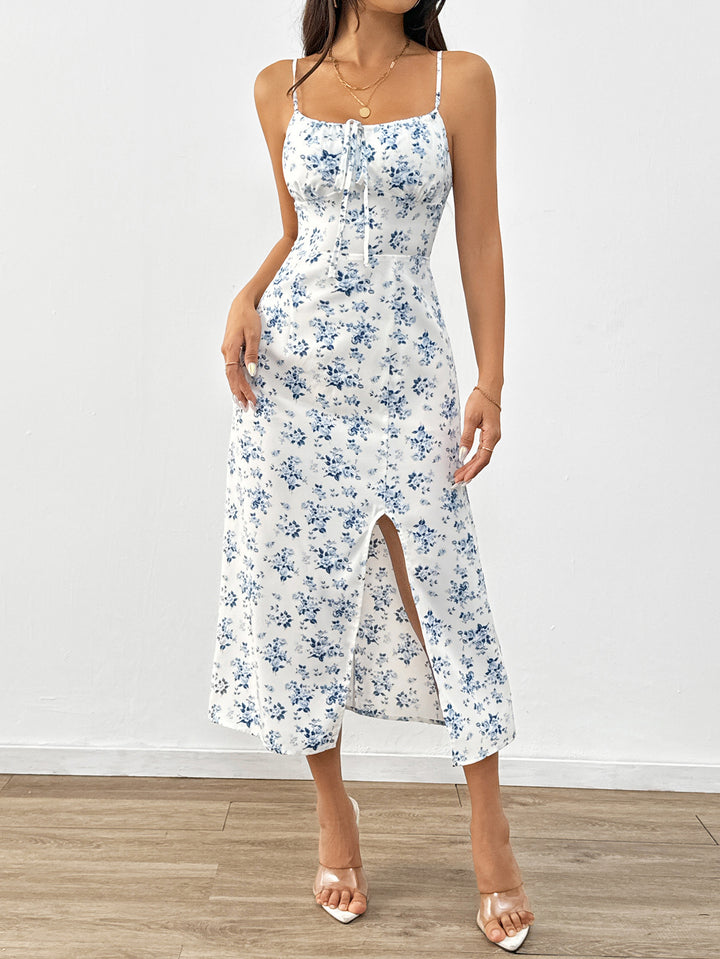 Blue Printed Spaghetti Strap Slit Dress