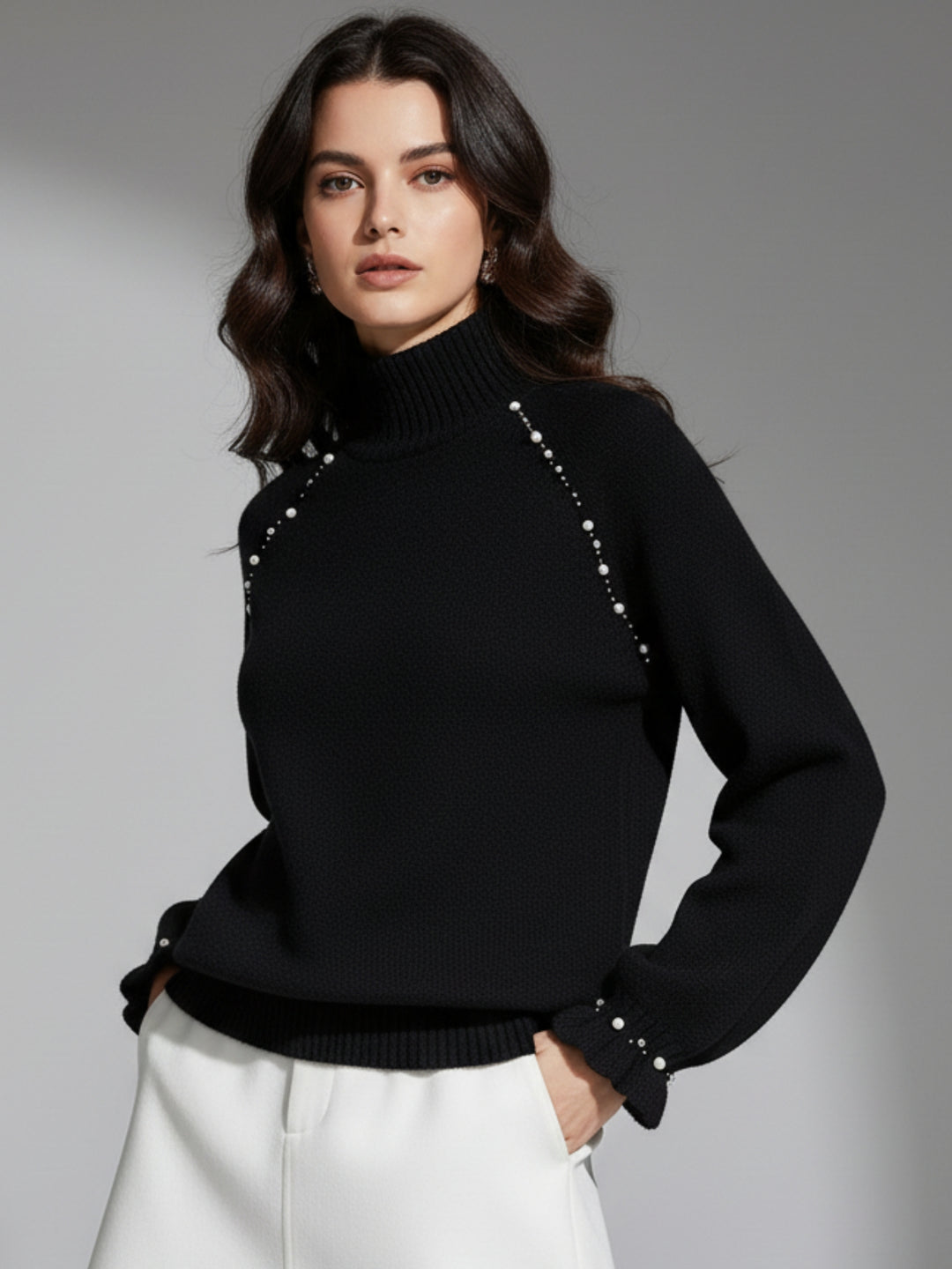 Black Pearl Embellished High Neck Sweater