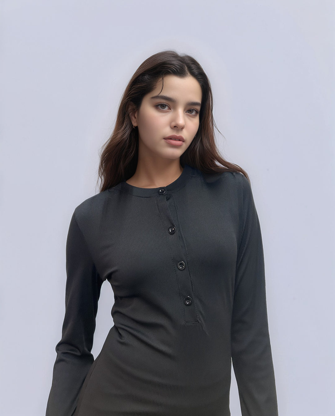 Solid Black Button Down Rib Fitted Dress