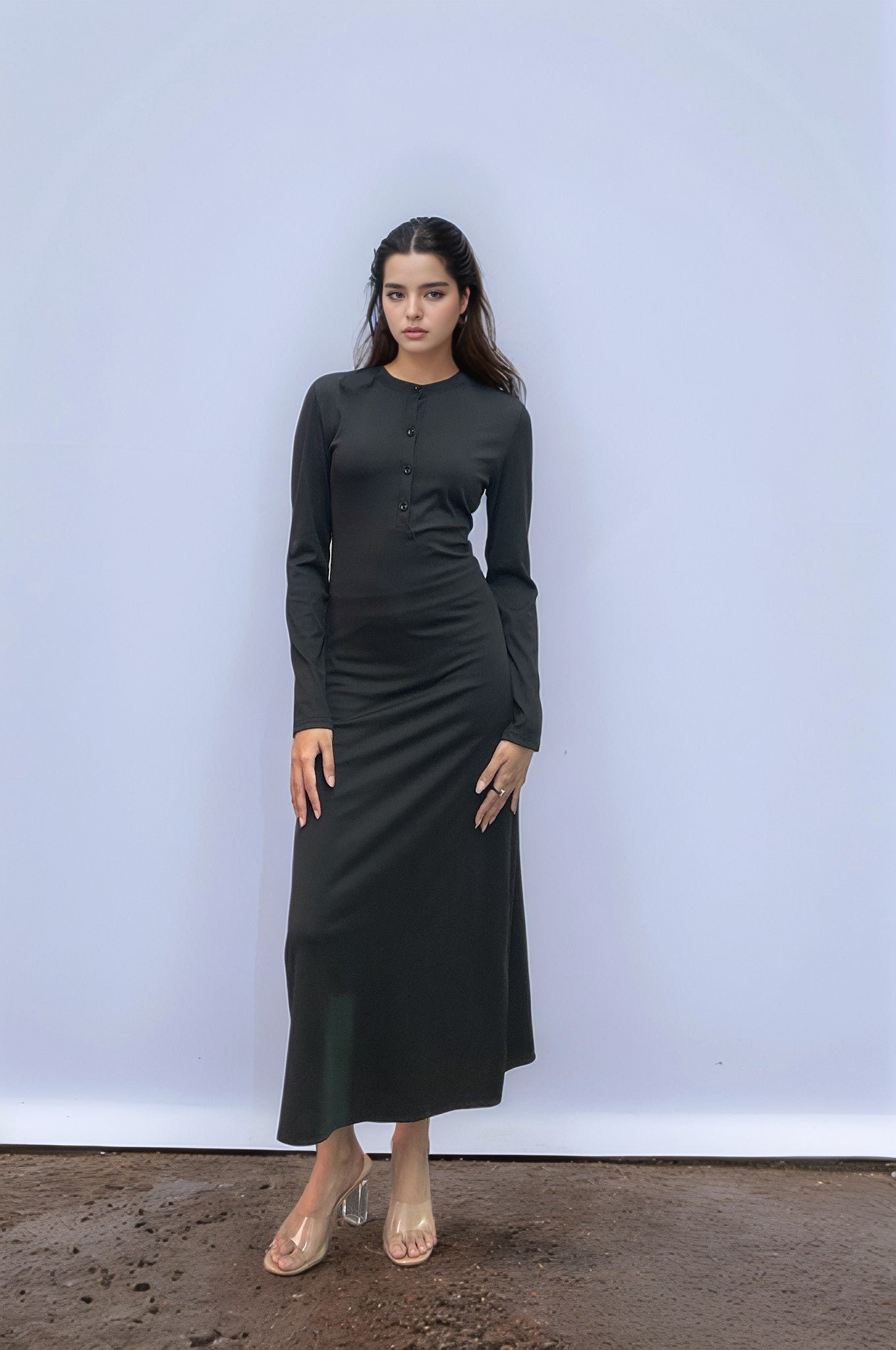 Solid Black Button Down Rib Fitted Dress
