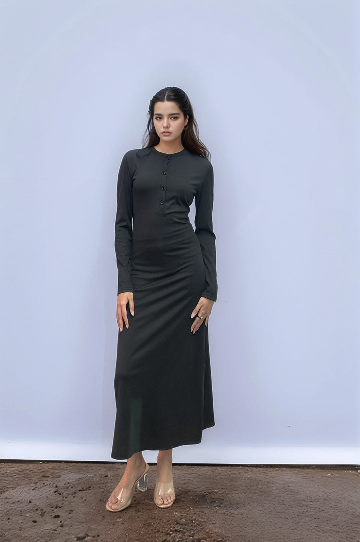 Solid Black Button Down Rib Fitted Dress