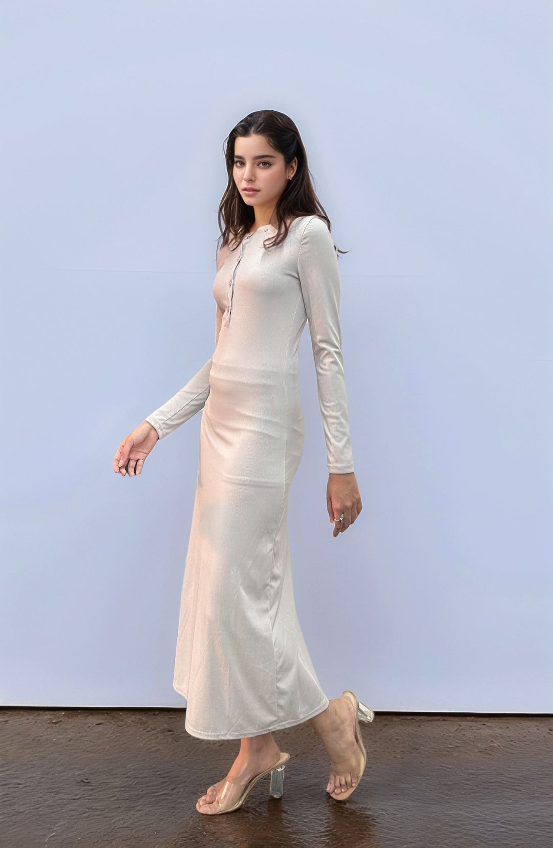 Grey Button Down Rib Fitted Dress
