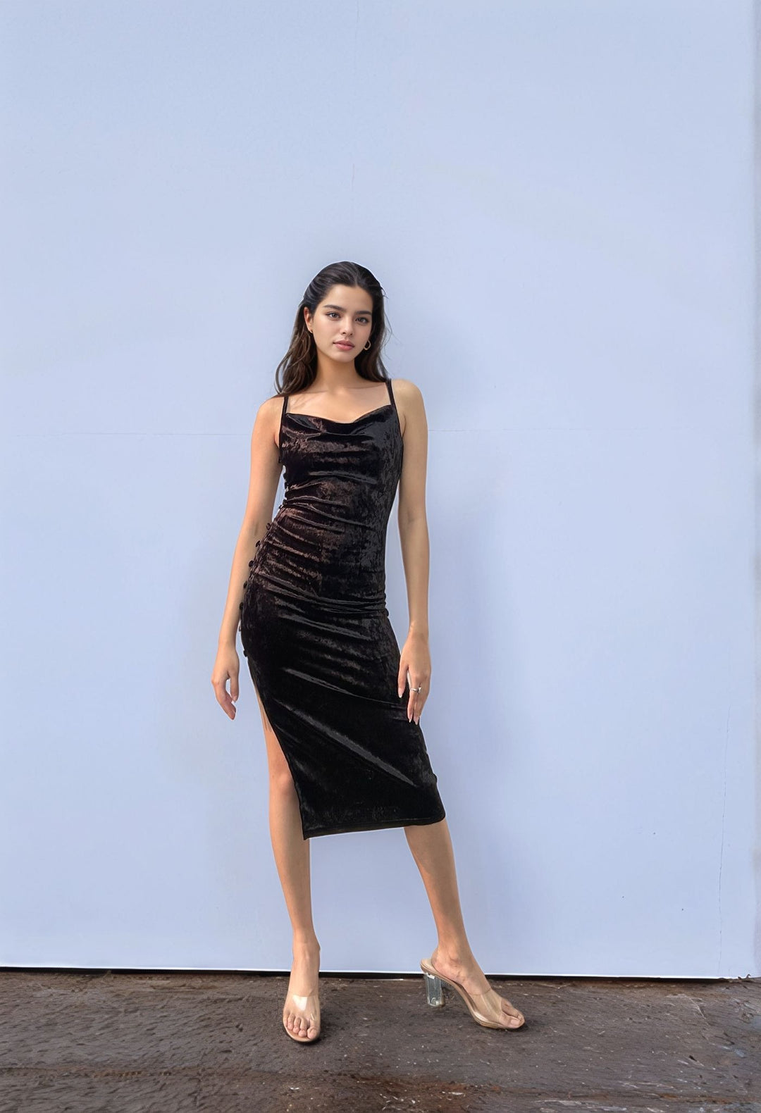 Black Velour Side Slit Cowl Dress