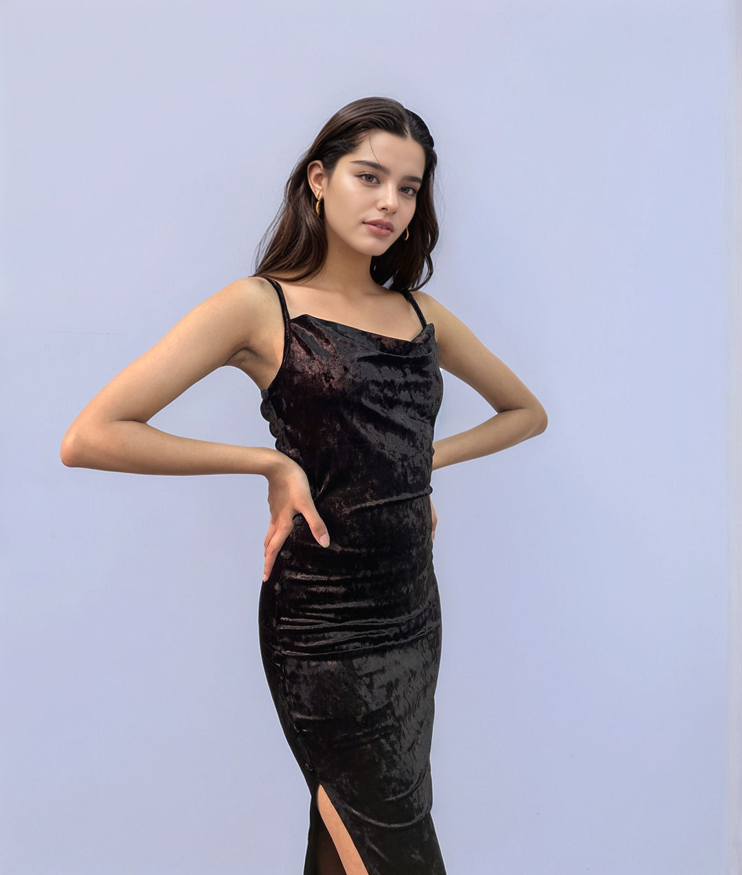 Black Velour Side Slit Cowl Dress