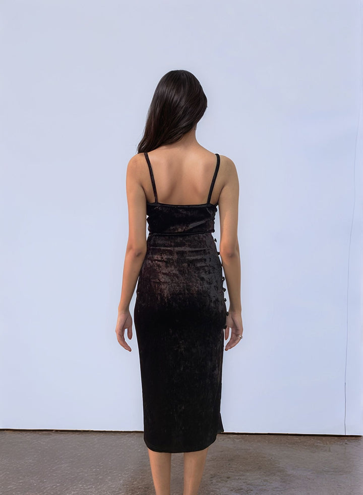 Black Velour Side Slit Cowl Dress