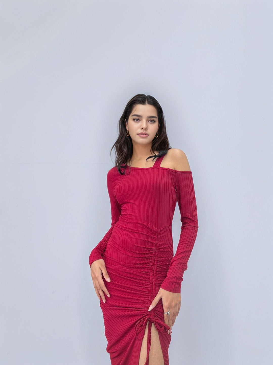 Wine Cold Shoulder Ruched Dress