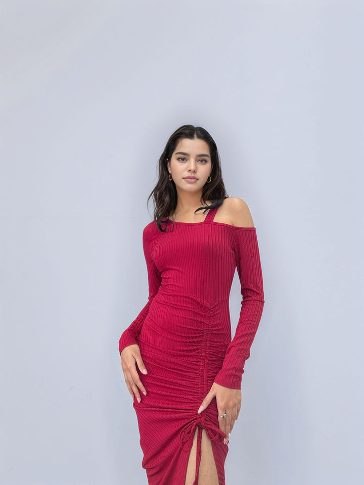 Wine Cold Shoulder Ruched Dress