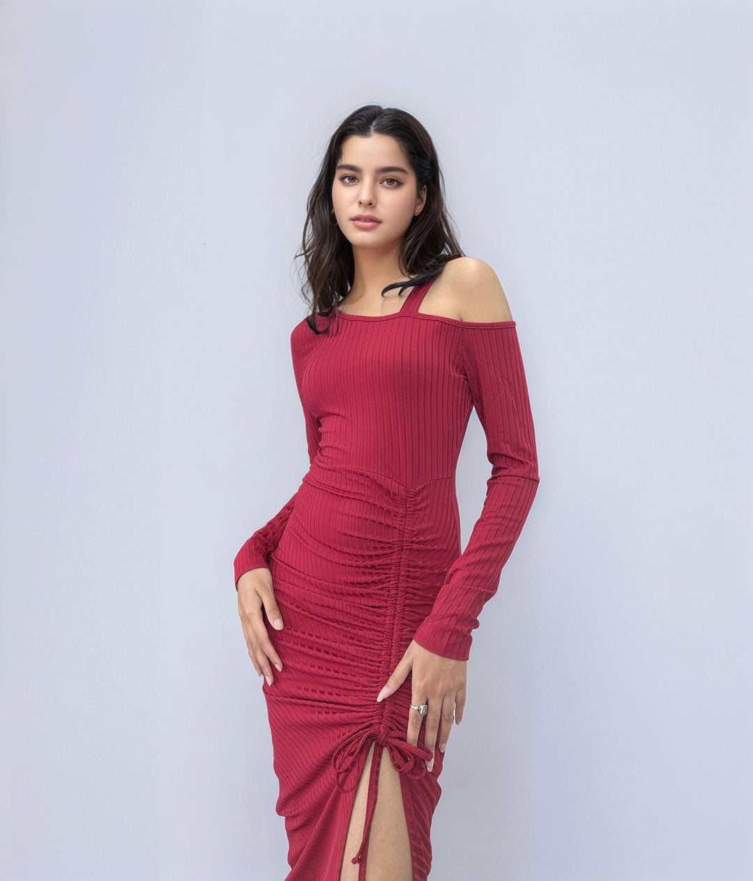 Wine Cold Shoulder Ruched Dress