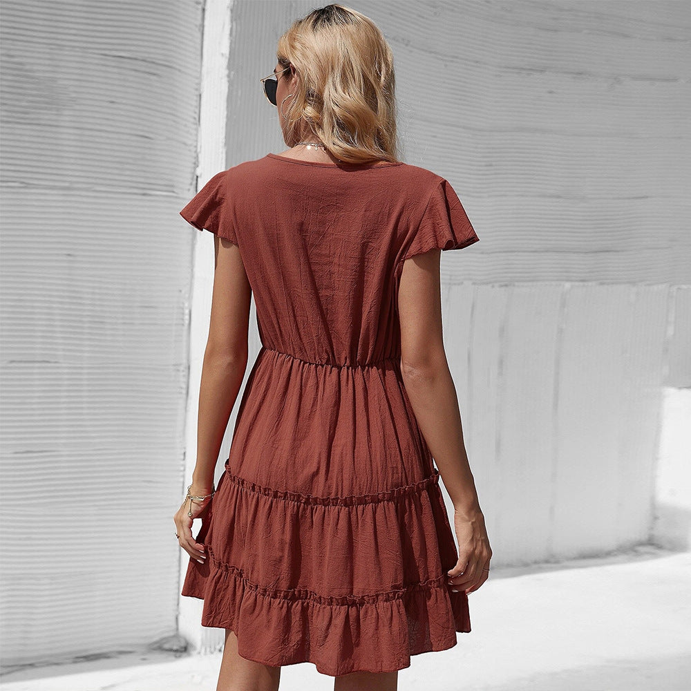 Brown Short Sleeve Flared Dress
