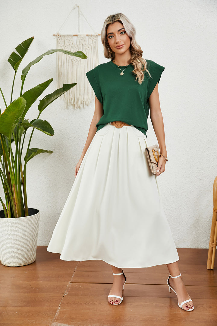 Dark Green Short Sleeves Round Neck Top