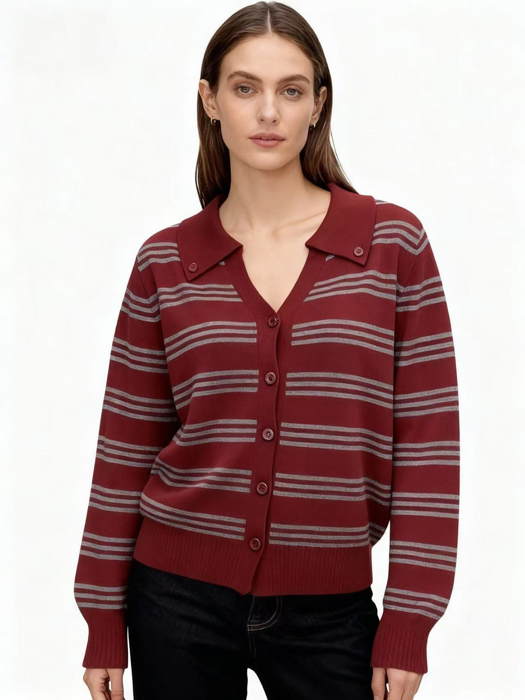 Maroon Full Sleeve Striped Collared Cardigan