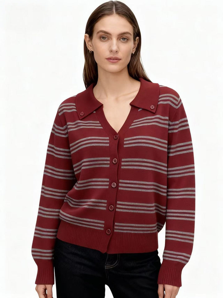 Maroon Full Sleeve Striped Collared Cardigan