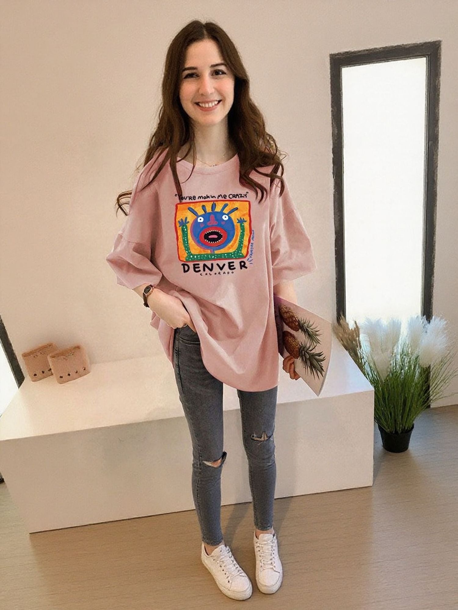 Pink Chest Print Graphic Tshirt