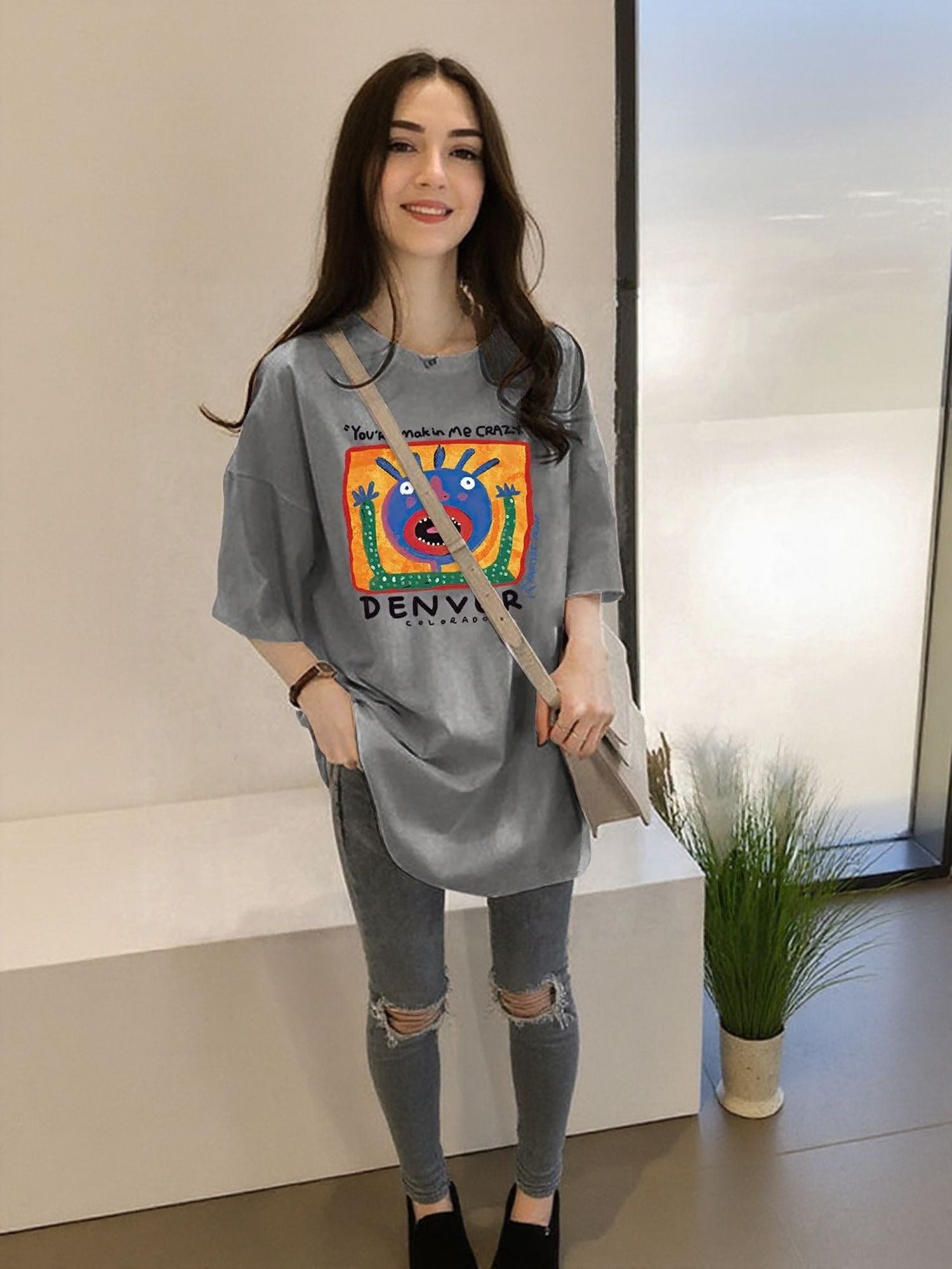 Grey Chest Print Graphic Tshirt