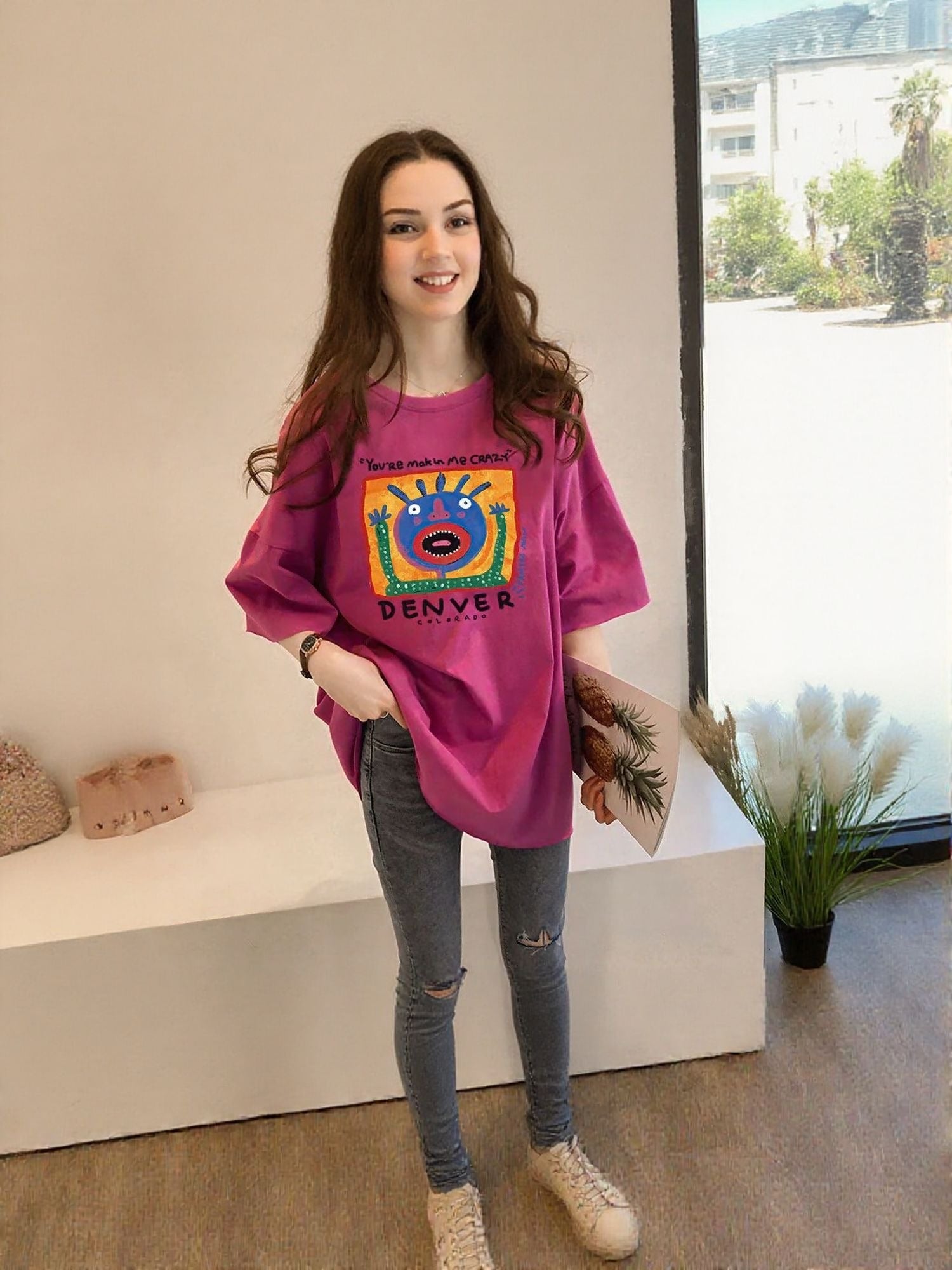 Magenta Chest Print Graphic Tshirt