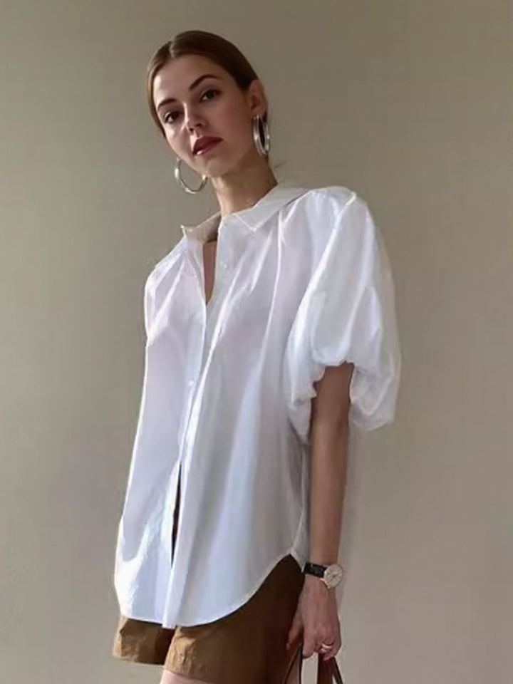 White Bubble Hem Sleeve Shirt