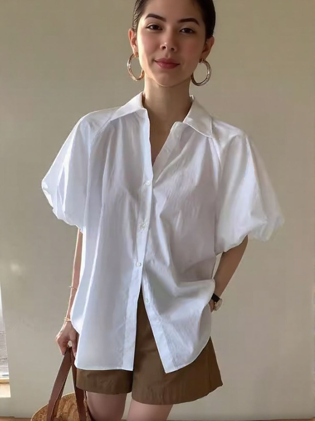 White Bubble Hem Sleeve Shirt