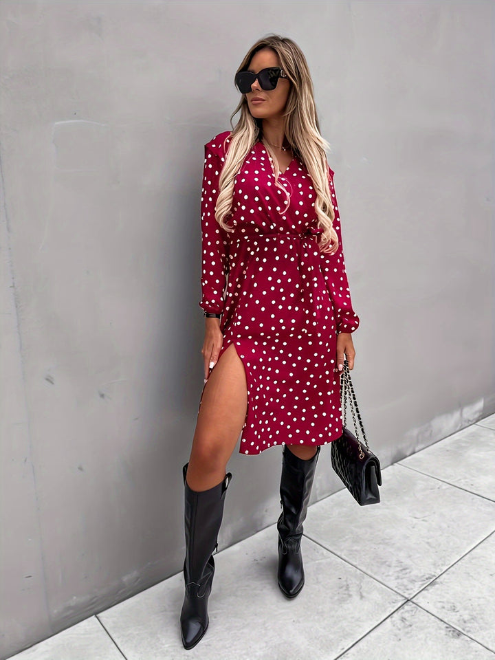 Red Printed Wrap Dress With Slit Detail