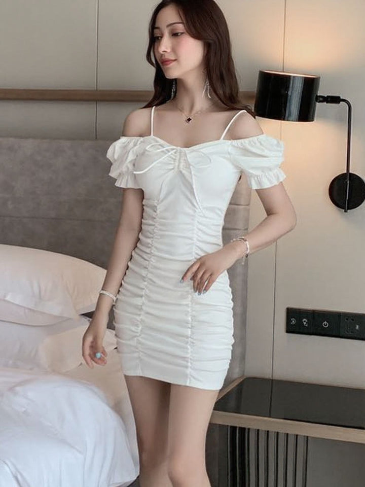 White Side Ruched Cold Shoulder Mini Dress