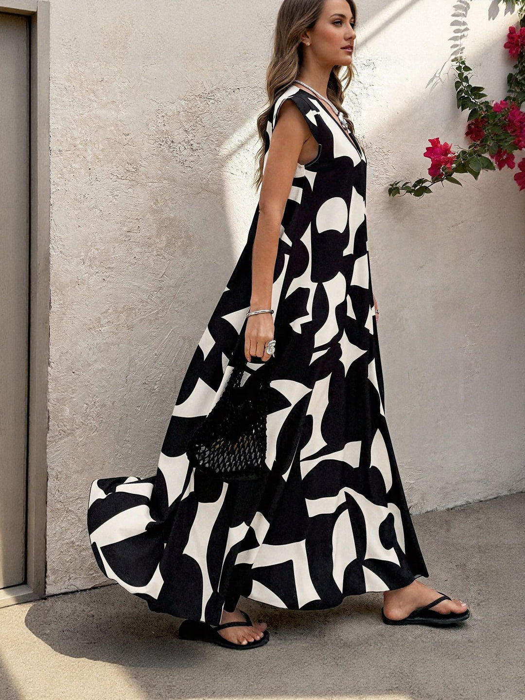 Black V Neck Mono Print Flared Maxi