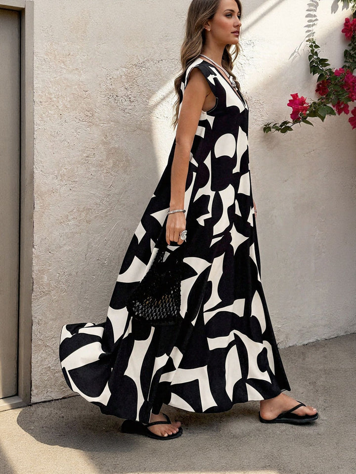 Black V Neck Mono Print Flared Maxi