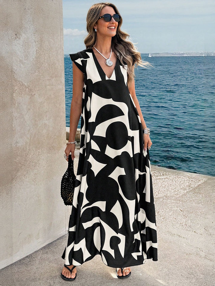Black V Neck Mono Print Flared Maxi