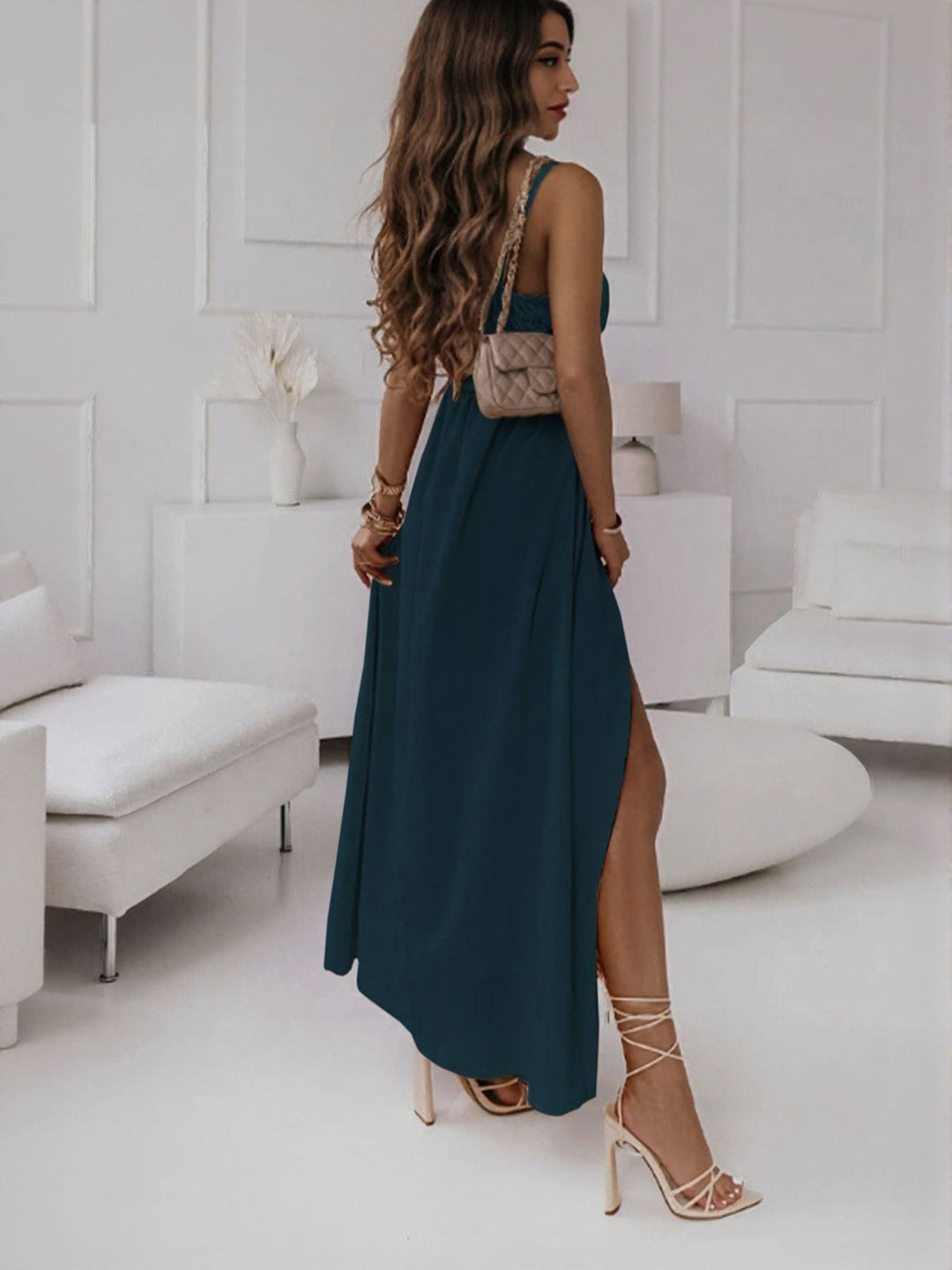 Navy Blue High Slit Wrap Maxi Dress