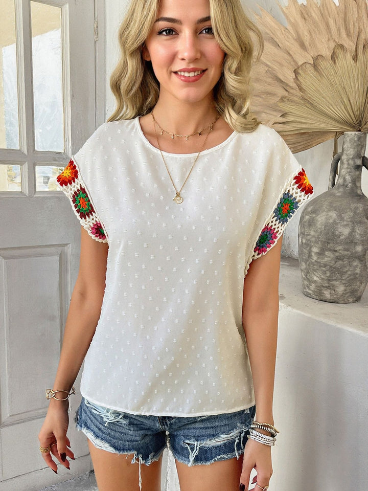 White Solid Blouse With Crochet Sleeves