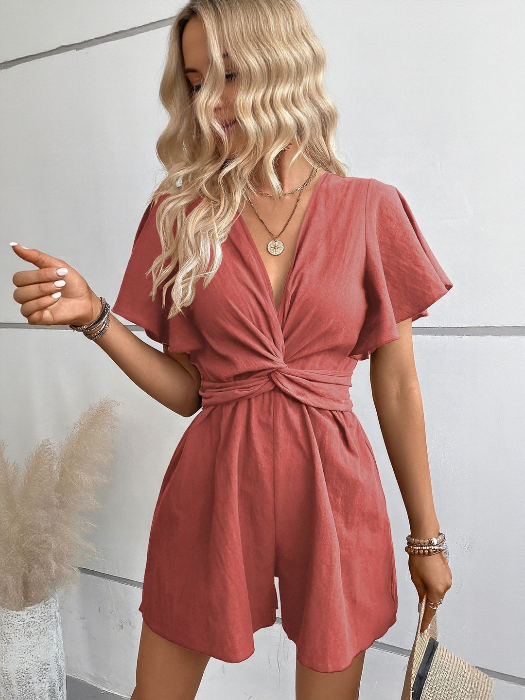 Red Knot Detail Romper With Flared Sleeve