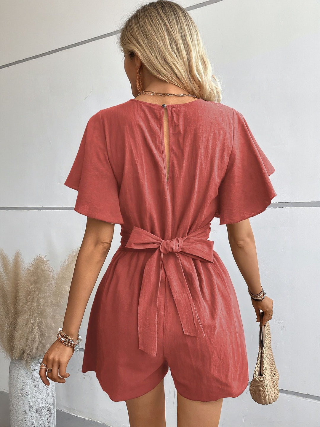 Red Knot Detail Romper With Flared Sleeve