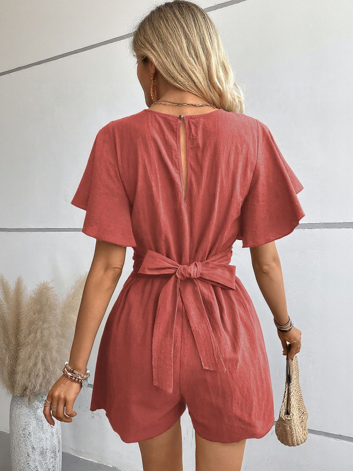Red Knot Detail Romper With Flared Sleeve