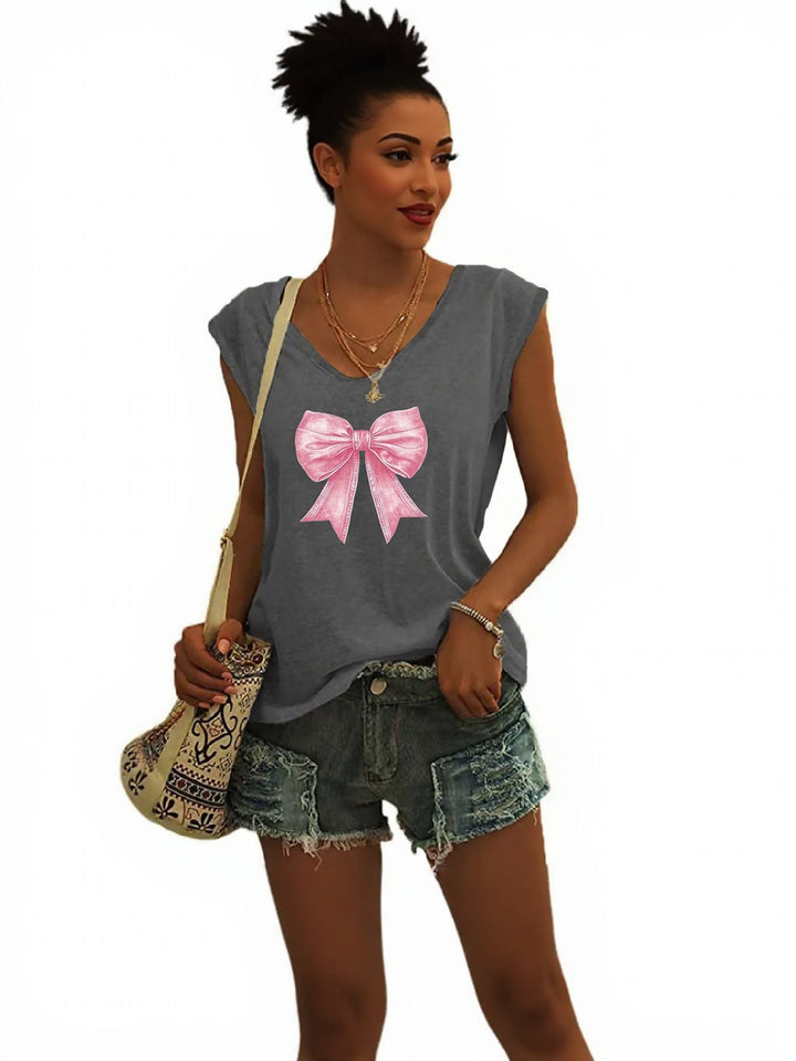 Charcoal Bow Print Cap Sleeve Grpahic Tshirt