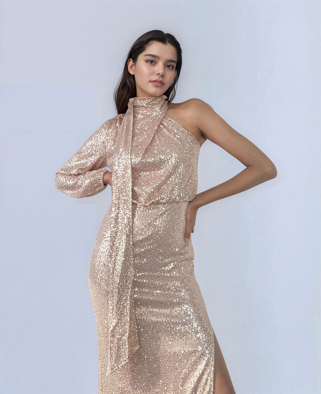 Nude Cold Shoulder Sequined Dress
